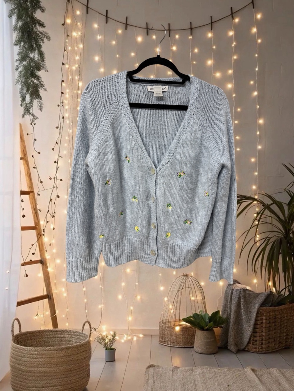 Cotton Emporium Pale dusty Blue Floral Embroidered V-Neck Cardigan button front
